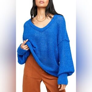 Free People Lulu Oversize V Neck Sweater Blue XL
